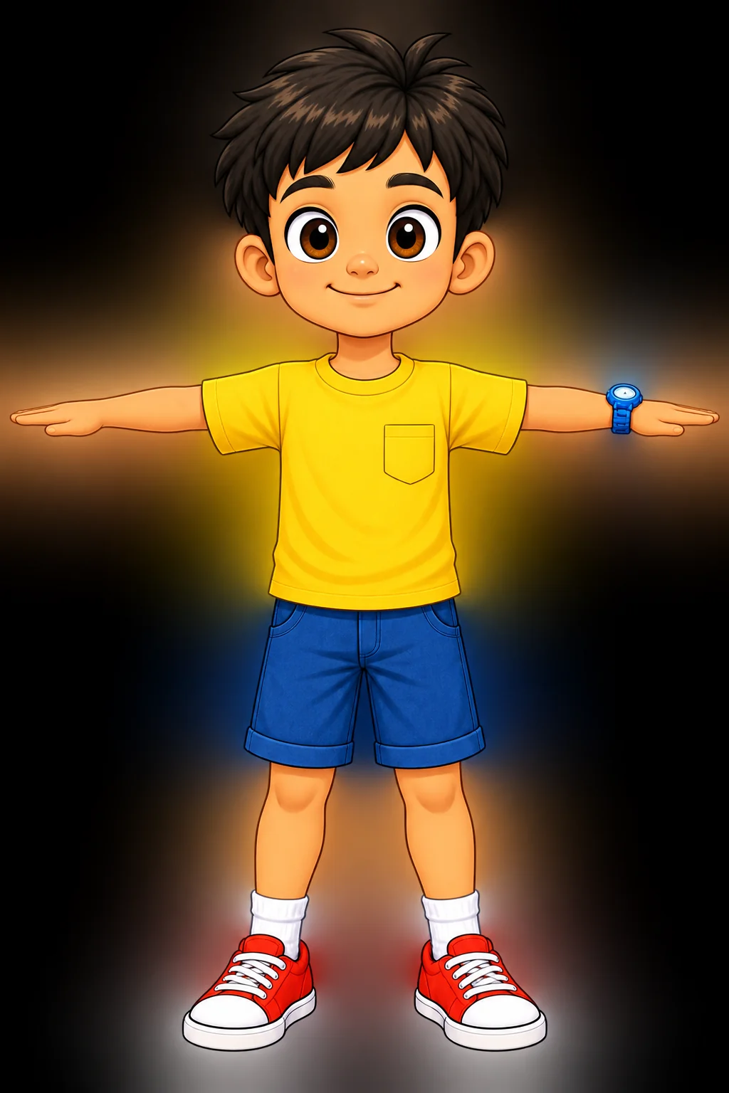 Rahul standing on the horizon with his arms straight out, pointing east and west