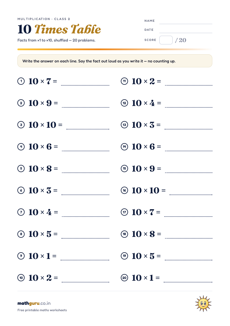 The 10 Times Table — Practice Worksheet — printable worksheet, 20 shuffled problems with answer key