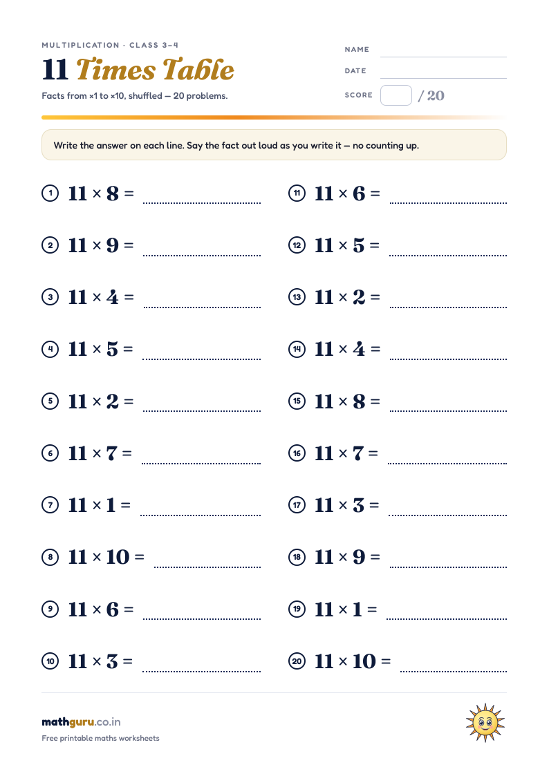 The 11 Times Table — Practice Worksheet — printable worksheet, 20 shuffled problems with answer key