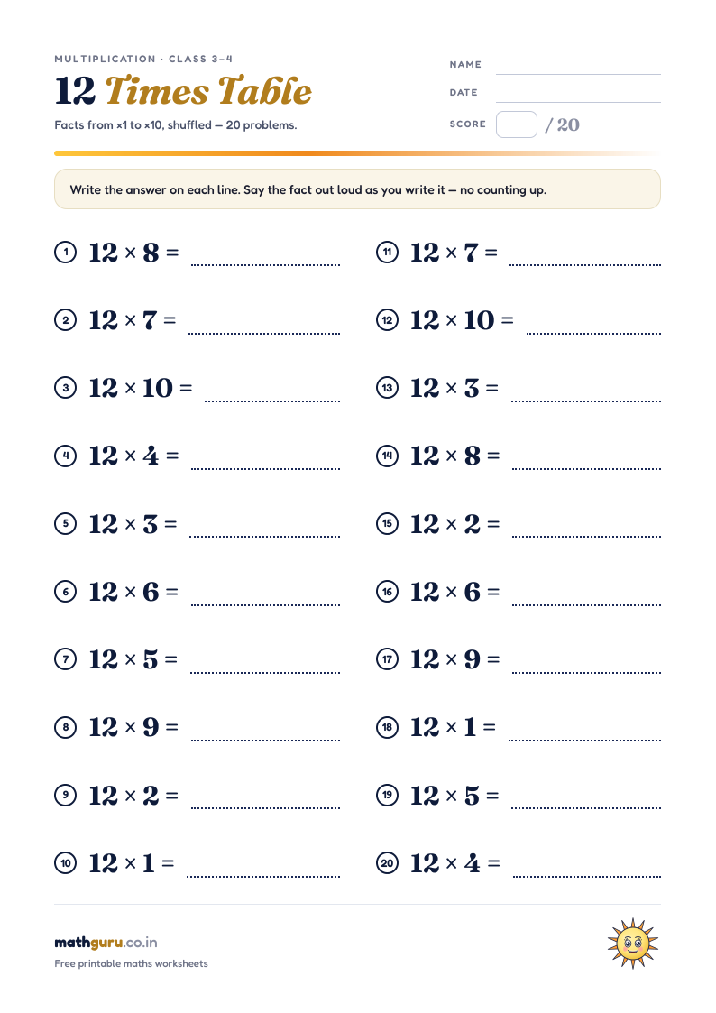 The 12 Times Table — Practice Worksheet — printable worksheet, 20 shuffled problems with answer key
