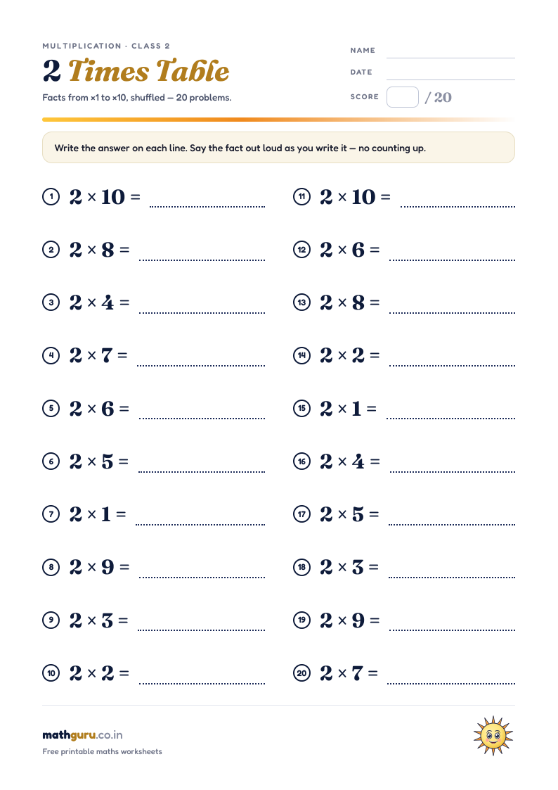 The 2 Times Table — Practice Worksheet — printable worksheet, 20 shuffled problems with answer key