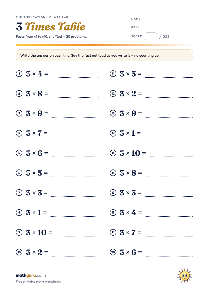 The 3 Times Table — Practice Worksheet — printable worksheet, 20 shuffled problems with answer key
