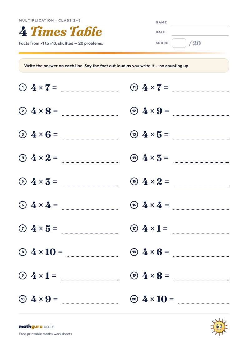 The 4 Times Table — Practice Worksheet — printable worksheet, 20 shuffled problems with answer key