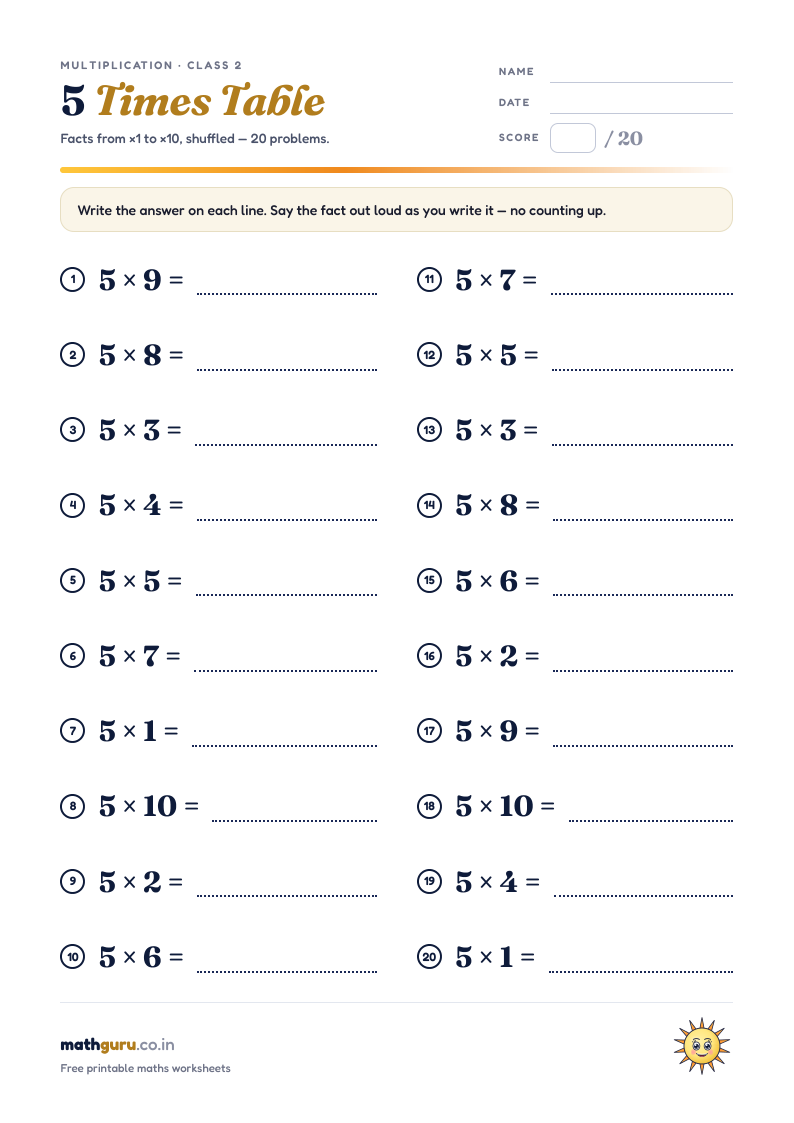 The 5 Times Table — Practice Worksheet — printable worksheet, 20 shuffled problems with answer key