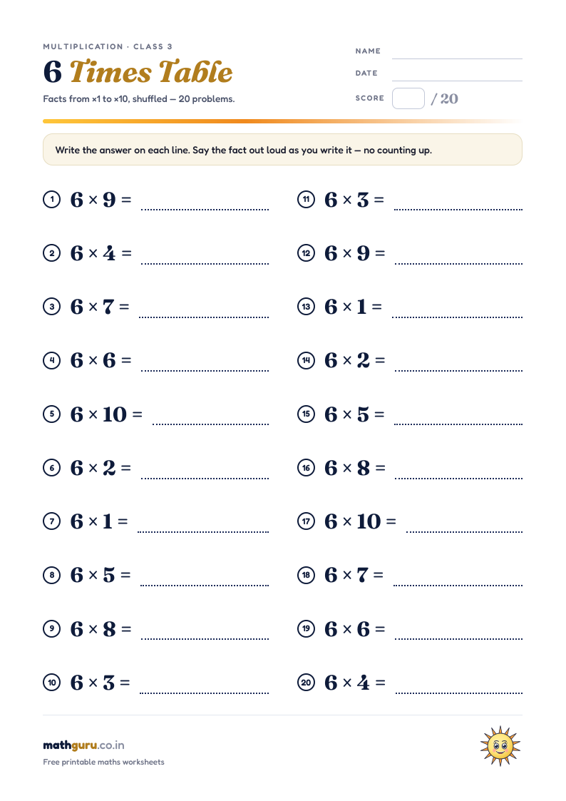 The 6 Times Table — Practice Worksheet — printable worksheet, 20 shuffled problems with answer key