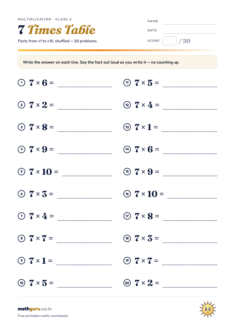 The 7 Times Table — Practice Worksheet — printable worksheet, 20 shuffled problems with answer key