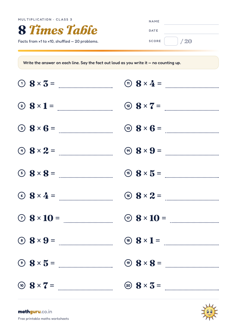 The 8 Times Table — Practice Worksheet — printable worksheet, 20 shuffled problems with answer key