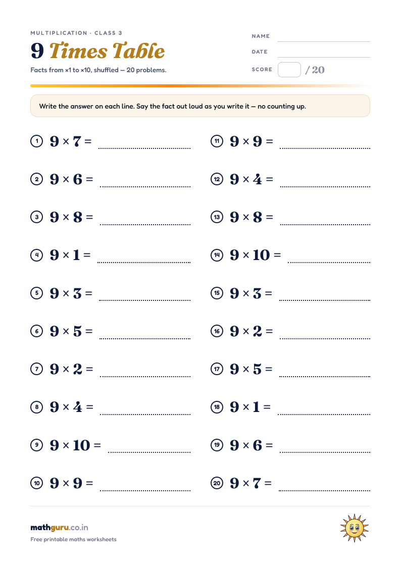 The 9 Times Table — Practice Worksheet — printable worksheet, 20 shuffled problems with answer key