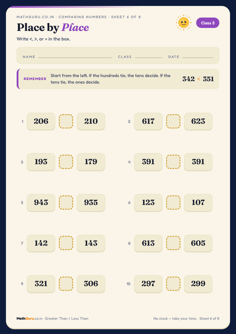 Place by Place — Comparing 3-Digit Numbers — printable worksheet with answer key