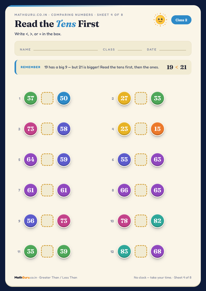 Read the Tens First — Comparing Numbers to 100 — printable worksheet with answer key