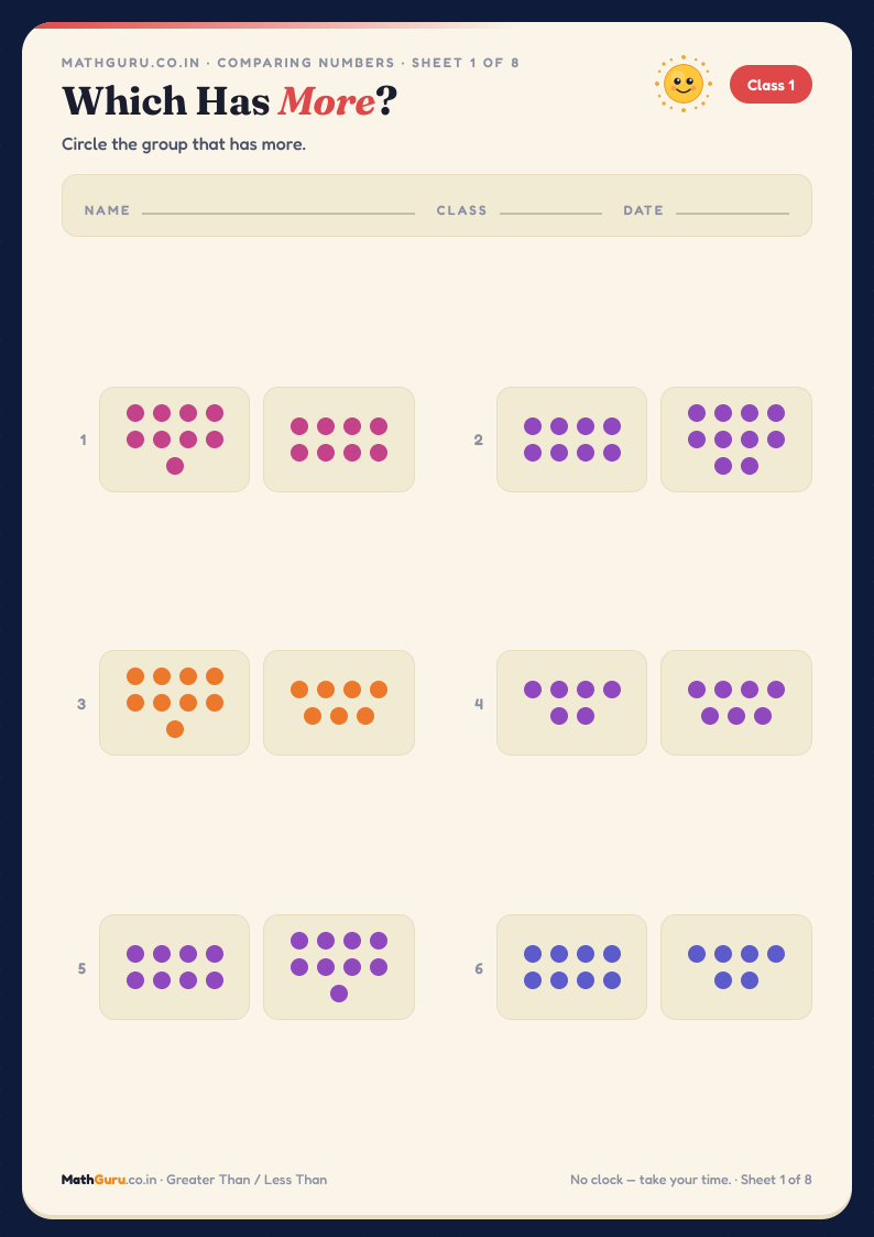 Greater Than / Less Than — the Full Pack (Sheets 1–8) — printable worksheet with answer key
