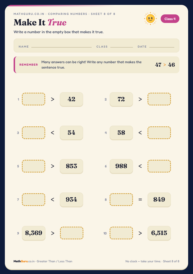 Make It True — Write Your Own Number — printable worksheet with answer key