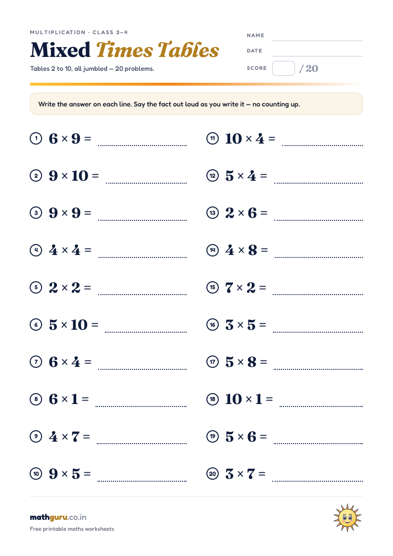 Mixed Times Tables — Practice Worksheet — printable worksheet, 20 shuffled problems with answer key