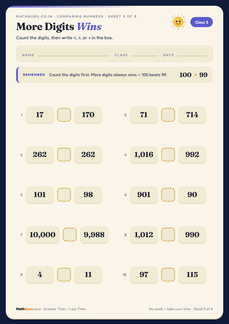 More Digits Wins — 99 vs 100 — printable worksheet with answer key