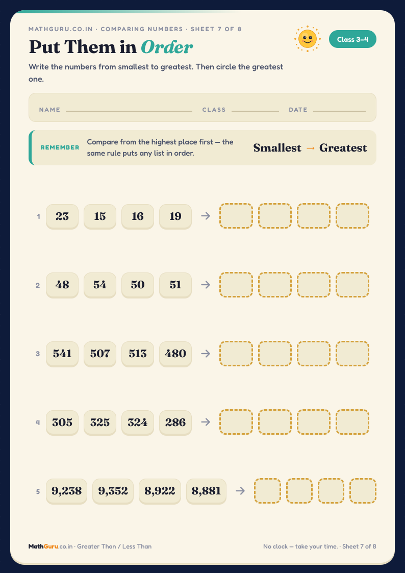 Put Them in Order — Smallest to Greatest — printable worksheet with answer key