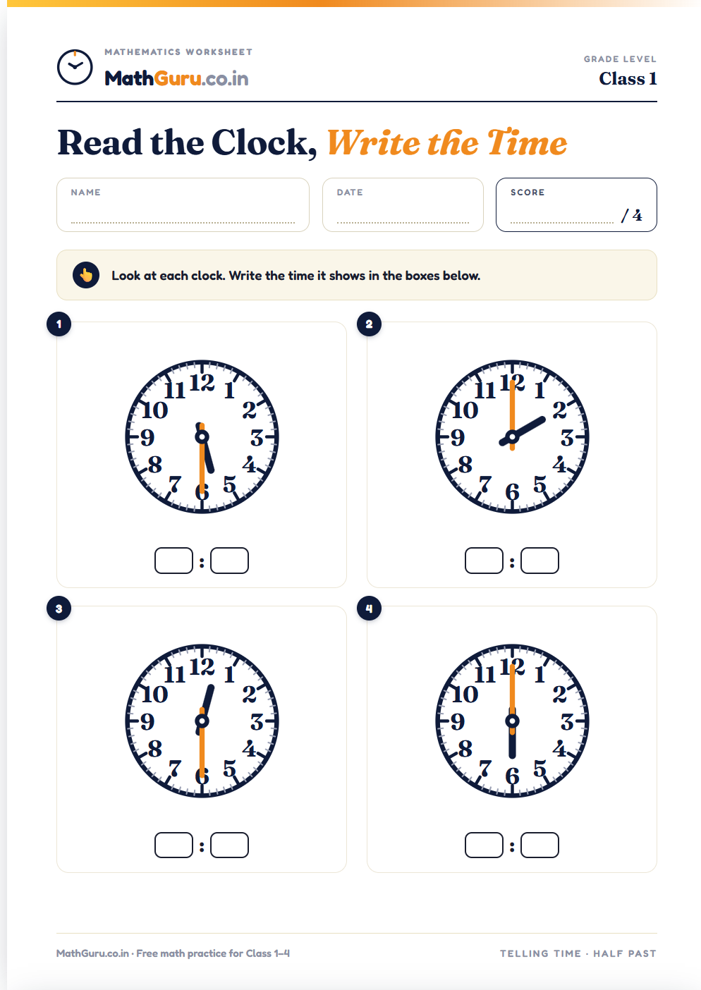 Telling the Time — Half Past & O'Clock — printable worksheet with four big clock faces