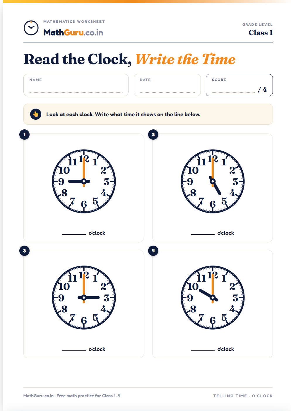 Telling the Time — O'Clock — printable worksheet with four big clock faces