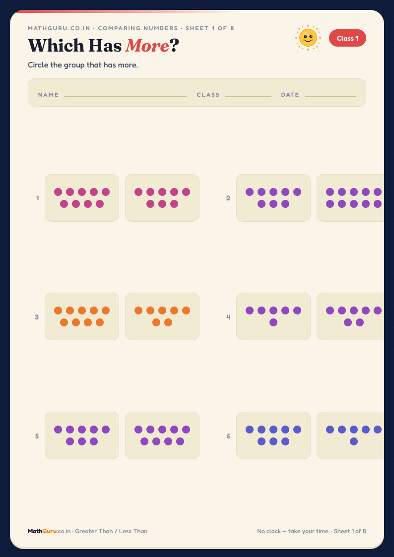 Which Has More? — Comparing Groups Worksheet — printable worksheet with answer key